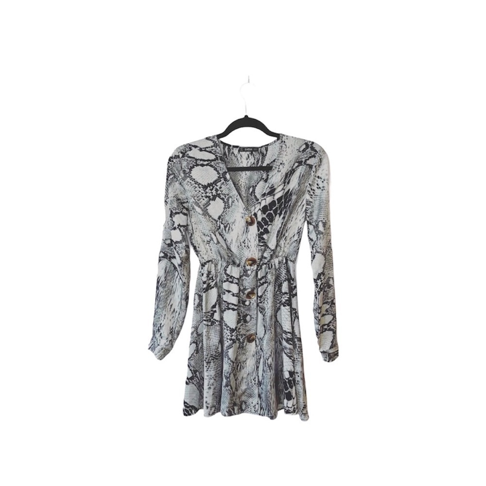 SHEIN White & Black Snakeskin Button Front Long Sleeve Mini Dress Xsmall Women’s